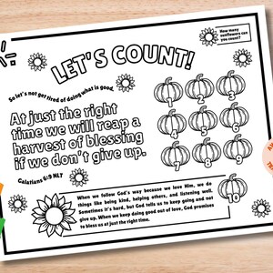 May include: Black and white coloring page with the text "LET'S COUNT!" and a Bible verse. The page features pumpkins numbered 1-10, sunflowers, and the text "At just the right time we will reap a harvest of blessing if we don't give up."