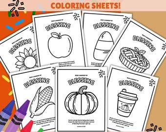 Puede incluir: Siete hojas para colorear con versículos bíblicos imprimibles con varias ilustraciones, incluyendo una manzana, maíz, una calabaza y una taza de café. El texto "Reap a Harvest of Blessing" aparece en cada hoja, junto con un versículo bíblico. La frase "Instant Download" también es visible.