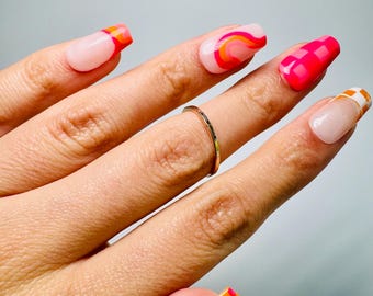 Groovy Baby Press-On Nails | Retro Pink & Orange Swirl, Checkered Floral Design | Custom Handmade Nail Set