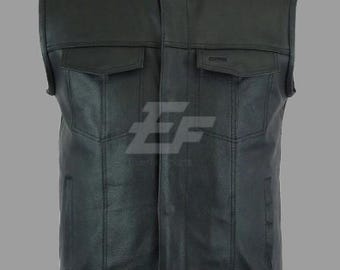 Chaleco de motociclista de cuero de grano superior para hombre - Estilo Sons of Anarchy