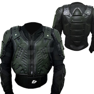 May include: Black motorcycle armour with hard plastic plates covering the chest, shoulders, and back. The armour includes long sleeves and a waist belt with the letters "EF". The image shows the front and back of the armour.