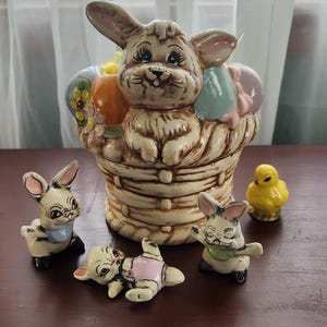 Easter Rabbit Candy Dish - Ceramic Vintage Easter - Set of Ceramic Kiln Fired Easter Bunnies - Vintage Easter Chick and Bunnies