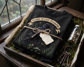 Goblincore Crow Lover Long Sleeve Shirt, Vintage Linocut Raven and Key Forest Aesthetic Garment-Dyed Cotton Tee