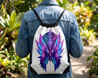 Rave Elf Cosplay Drawstring Bag: Psychedelic Cosmic Wing Festival Cinch Backpack