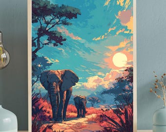 May include: A framed art print depicting two elephants walking on a path in a savanna landscape. The artwork features a vibrant sunset with a blue sky, clouds, and trees. The elephants are gray, and the overall color palette includes orange, red, and blue.