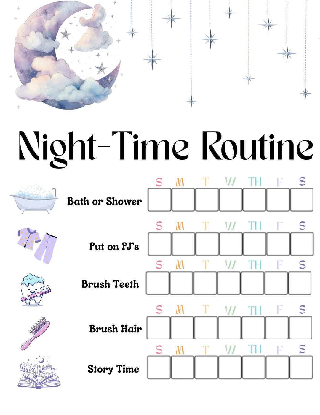 Night-time Routine Chart for Kids-printable Bedtime Checklist-calm ...