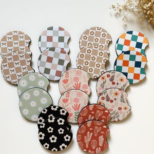 Car Coasters Set of 2 for Cars, SUVs and Trucks | Floral Car Cup Coasters , Checkered Cup Holder Coaster