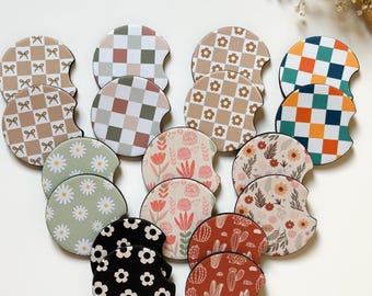 Car Coasters Set of 2 for Cars, SUVs and Trucks | Floral Car Cup Coasters , Checkered Cup Holder Coaster