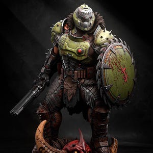 May include: A detailed figurine of a futuristic warrior in olive green and brown armor, holding a gun and shield. The shield has a red symbol and blood splatter. The figure stands on a base with a red demon skull.