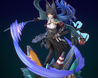 Könnte beinhalten: Detaillierte Figur eines weiblichen Anime-Charakters mit Fuchsohren, gekleidet in einem schwarz-weißen Outfit, der eine blaue Waffe hält. Die Figur steht auf einem Sockel mit geometrischen Formen und einem blauen Energieeffekt. Die Figur hat eine dynamische Pose.