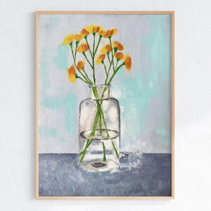 Stampa artistica di fiori di natura morta, dipinto a olio floreale arancione, vaso, arte murale moderna, stampa botanica impressionista, raffinata decorazione per la casa.