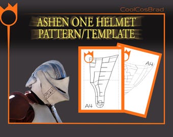 以下が含まれることがあります： Ashen Oneヘルメットのパターン/テンプレートが表示されています。左側には完成した銀と白のヘルメットがあり、右側にはA4サイズのパターンシートがあります。「Ashen One Helmet Pattern/Template」のテキストが表示されています。