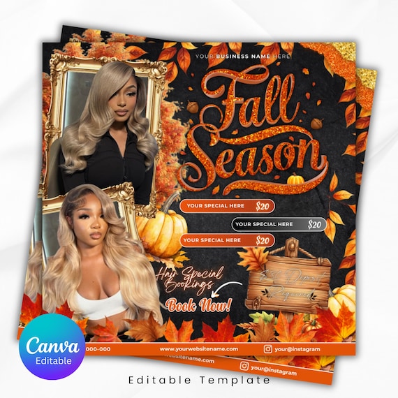 Fall Season Booking Flyer, Fall Szn Sale, September Booking Flyer, Wig Install, Lash Nail Braids MUA Fall Season Autumn Flyer Canva Editable