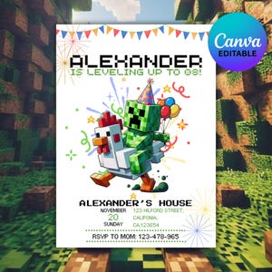 Puede incluir: Una invitación de cumpleaños con un personaje verde pixelado montado en un pollo blanco pixelado, sosteniendo globos y usando un gorro de fiesta. La invitación dice "ALEXANDER IS LEVELING UP TO 08!" con detalles de la fiesta e información de RSVP.