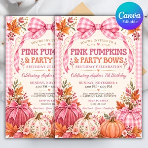 May include: A birthday invitation card featuring a pink gingham bow at the top, pink pumpkins, and autumn leaves. The text reads: You're invited to a Pink Pumpkins & Party Bows birthday celebration, celebrating Sophie's 7th birthday, Sunday, November 8, 3:00 PM - 6:00 PM, The Rosewood Garden, 123 Autumn Lane, Anystate, RSVP to Emma (555) 123-4567.