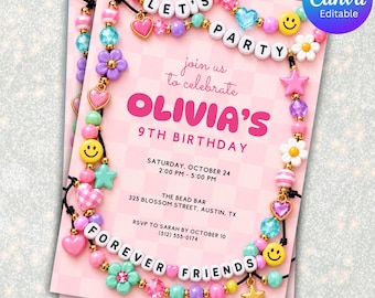 May include: A pink checkered birthday invitation template featuring a border of colorful plastic beads, including smiley faces, hearts, stars, and flowers. The text reads: Let's Party, join us to celebrate Olivia's 9th Birthday, Saturday, October 24, 2:00 PM - 5:00 PM, The Bead Bar, 325 Blossom Street, Austin, TX, RSVP to Sarah by October 10 (512) 555-0174, Forever Friends.