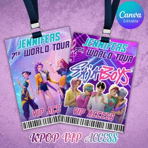 May include: Two VIP access passes with lanyards. The passes feature illustrations of animated figures and the text "JENNIFERS 7TH WORLD TOUR" and "Saja Boys". The bottom of the passes read "VIP ACC" and "VIP ACCESS". The bottom of the image reads "KPOP VIP ACCESS".