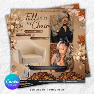 Pode incluir: Anúncio de salão de cabeleireiro com duas mulheres com cabelo estilizado, uma cadeira de salão bege e decorações de outono. O texto diz "Fall Into My Chair" e "Sua oferta especial aqui 20 €."