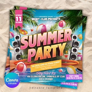 May include: A vibrant flyer for a summer party, featuring the text "SUMMER PARTY" in large, colorful letters. The design includes beach balls, palm trees, and speaker stacks, with details like the date, time, and location. The flyer is an editable template.