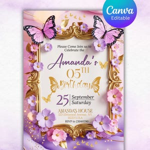 Butterfly Birthday Invitation, Girl Butterfly Party, Purple Butterfly Birthday Invite, First Birthday Invitation, Editable Canva Template