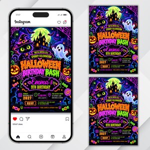 Editable Neon Halloween Birthday Invitation, Spooky Party Invite, Glow Witch Cat Ghost Pumpkin Invite, Halloween Birthday KC-015 image 5