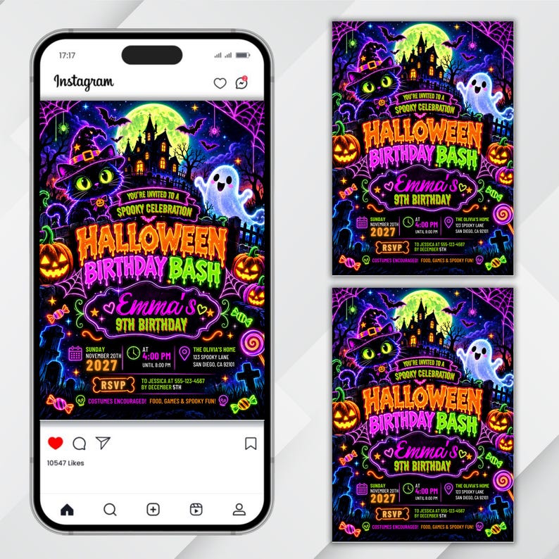 Editable Neon Halloween Birthday Invitation, Spooky Party Invite, Glow Witch Cat Ghost Pumpkin Invite, Halloween Birthday KC-015 image 5