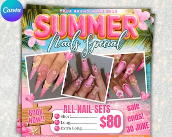 Folleto de rebajas de uñas de verano, folleto de rebajas de verano, folleto de rebajas para técnicos de uñas, promoción de ofertas de uñas, folleto de reservas de uñas, folleto de citas de uñas (editable en Canva)