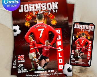 Cristiano Ronaldo Birthday Invitation, Editable Soccer Invitation, Printable Football Template, Instant Download, Boys Sports Theme