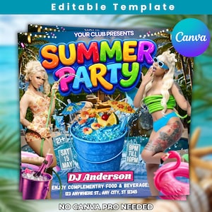 May include: A vibrant flyer for a summer party, featuring the text "SUMMER PARTY" in colorful bubble letters. The design includes images of people, a cocktail bucket, and a flamingo. Additional text includes event details like the date, time, and DJ.