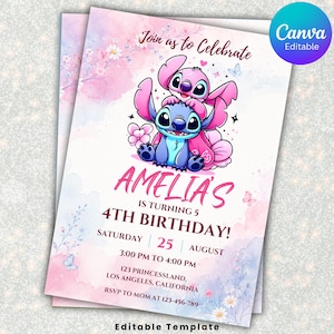 May include: A birthday invitation template featuring a watercolor background in shades of pink and blue with illustrations of two blue and pink alien characters. The text reads Join us to Celebrate, Amelia's is turning 5, 4TH BIRTHDAY, and event details.