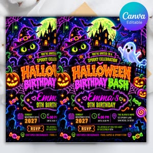Editable Neon Halloween Birthday Invitation, Spooky Party Invite, Glow Witch Cat Ghost Pumpkin Invite, Halloween Birthday KC-015 image 3
