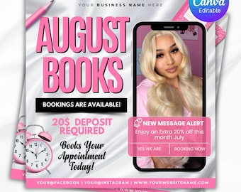 August Booking Flyer, Back to School Flyer, August Book Now Appointment Flyer, Booking Flyer, MUA Nails Lash Braids Hair Flyer, Canva