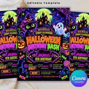 Editable Neon Halloween Birthday Invitation, Spooky Party Invite, Glow Witch Cat Ghost Pumpkin Invite, Halloween Birthday KC-015 image 2