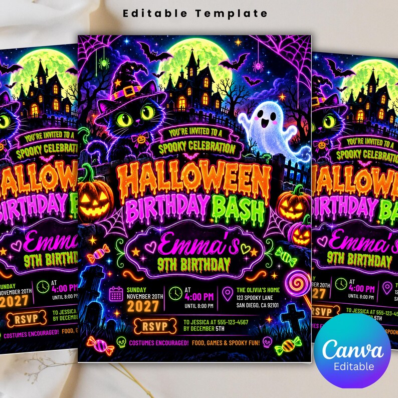 Editable Neon Halloween Birthday Invitation, Spooky Party Invite, Glow Witch Cat Ghost Pumpkin Invite, Halloween Birthday KC-015 image 2