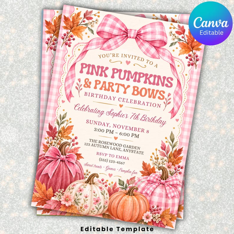 May include: A birthday invitation template featuring a large pink gingham bow at the top, pink and orange pumpkins, and autumn leaves. The text reads: YOU'RE INVITED TO A PINK PUMPKINS & PARTY BOWS BIRTHDAY CELEBRATION, Celebrating Sophie's 7th Birthday.