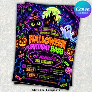 Editable Neon Halloween Birthday Invitation, Spooky Party Invite, Glow Witch Cat Ghost Pumpkin Invite, Halloween Birthday KC-015 image 1