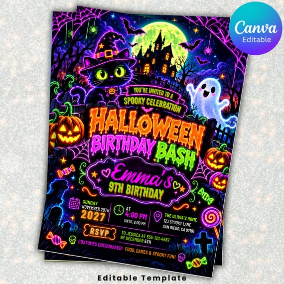 Editable Neon Halloween Birthday Invitation, Spooky Party Invite, Glow Witch Cat Ghost Pumpkin Invite, Halloween Birthday KC-015