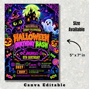 Editable Neon Halloween Birthday Invitation, Spooky Party Invite, Glow Witch Cat Ghost Pumpkin Invite, Halloween Birthday KC-015 image 4