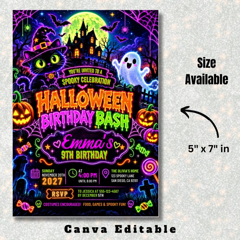 Editable Neon Halloween Birthday Invitation, Spooky Party Invite, Glow Witch Cat Ghost Pumpkin Invite, Halloween Birthday KC-015 image 4