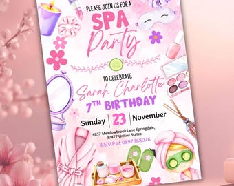 Spa Party Birthday Invitation Template, Pamper Party Birthday Invitation, Girls Spa Birthday, Pamper Party, Phone Invite, Canva Editable