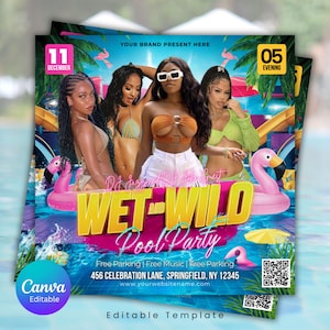 Op de afbeelding: Een promotieflyer voor een zwembadfeest, met de tekst "WET AND WILD Pool Party" in grote, kleurrijke letters. De flyer bevat afbeeldingen van mensen in badkleding, een roze flamingo-drijver en evenementdetails. De datum is 11 december.