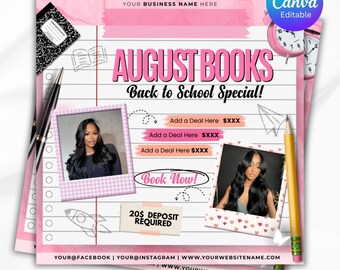 August Booking Flyer, Bookings Open, Hair Salon Appointment, Special DIY Hair Flyer, Hairstylist, Lash Tech, Wig Install, Makeup, Nail