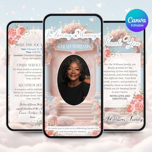 May include: Three smartphone screens showing a memorial announcement. The central screen displays a portrait of a woman, with text reading "In Loving Memory of Sarah Williams" and "February 25, 2023." The screens are decorated with floral elements.