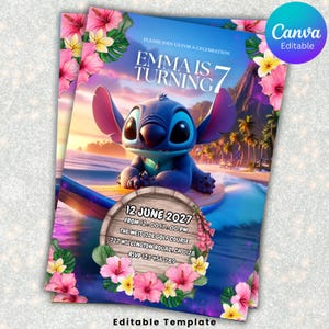 Puede incluir: Una plantilla de invitación de cumpleaños con un personaje alienígena azul en una tabla de surf al atardecer, decorada con flores de hibisco rosas y amarillas. El texto dice: Emma is turning 7, 12 June 2027, 12:00-17:00, The West Side Golf Course, 722 Willington Road, CA 0128, RSVP 123 456 789.