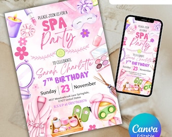 Spa Birthday Party Invitation Girl Pink Spa Birthday Invite Pink Pamper Party Pink Bow Invitation Editable Birthday Glam Canva Template SP3