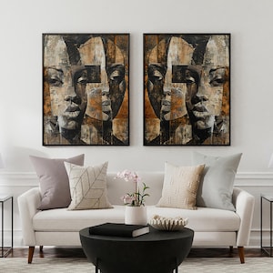 Echoed Souls : art mural abstrait femme africaine, tons bruns modernes, impression portrait numérique contemporain