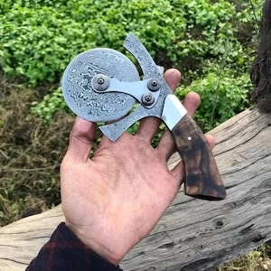 Handmade Damascus Steel Pizza Cutter: Artisan Kitchen Tool with Wood Handle