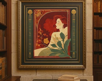 Art Nouveau Woman Portrait Print: Vintage Floral Illustration (Digital Download, PDF, PNG