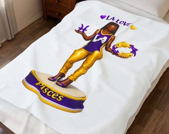 Pisces Zodiac Throw Blanket | LA Purple Gold Plush Velveteen Cozy Home Decor
