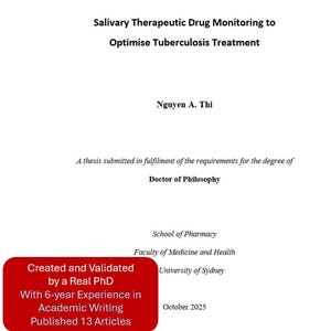 May include: A white document with black text detailing a thesis on salivary therapeutic drug monitoring for tuberculosis treatment. The document includes the author's name, degree, and affiliation. A red box at the bottom highlights the author's experience and publications.